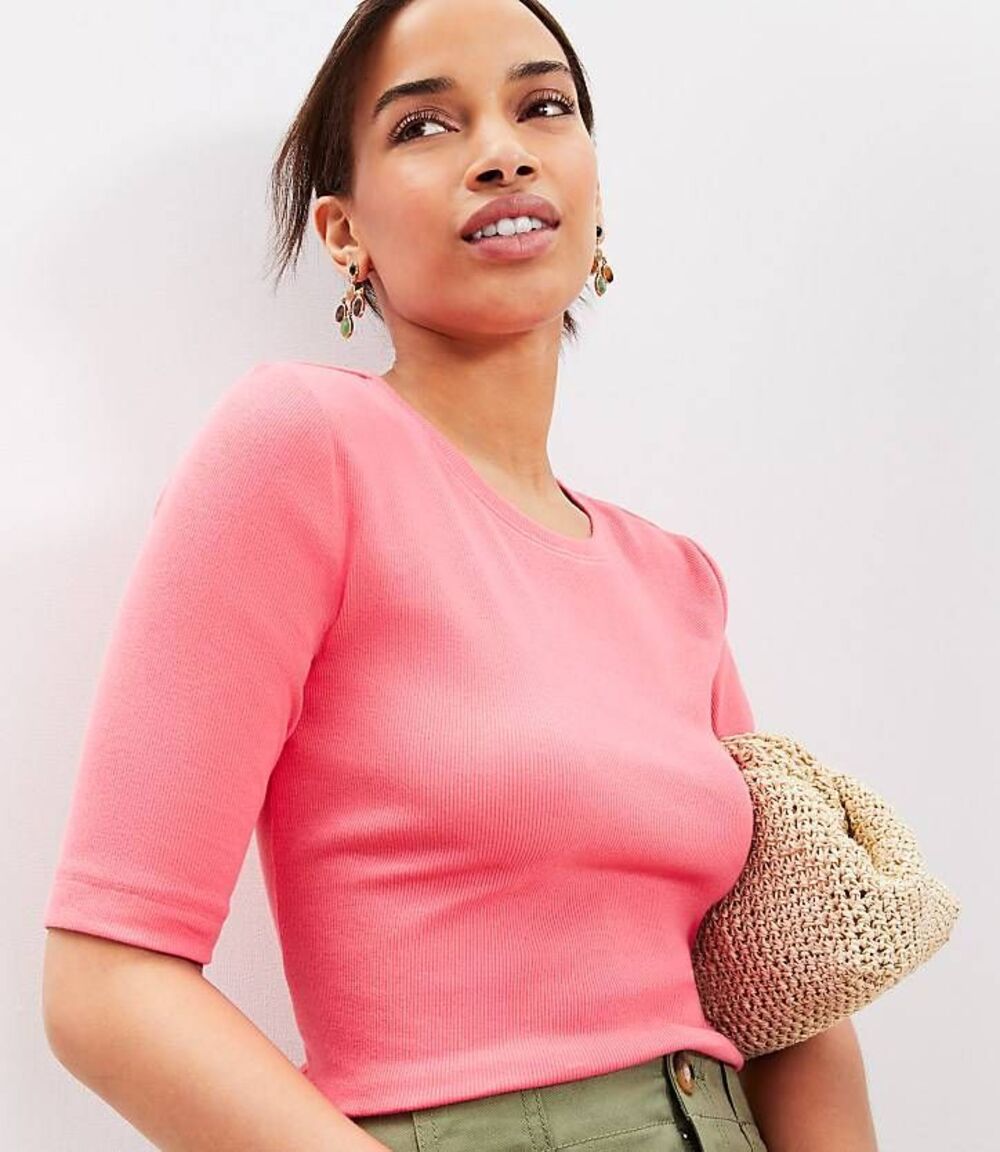 LOFT Pink Perfect Ribbed Elbow Sleeve Tee Size Medium